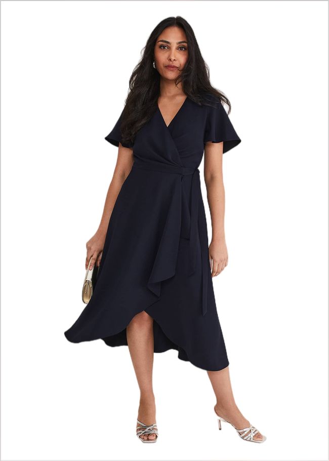  Petite Julissa Ruffle Wrap Midi Dress Navy 221401351