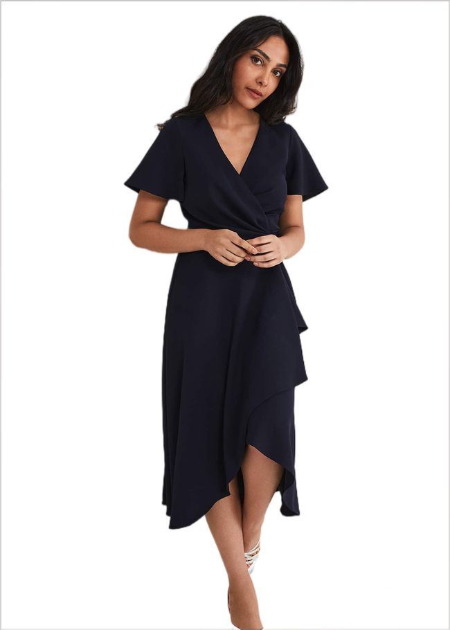  Petite Julissa Ruffle Wrap Midi Dress Navy 221401351