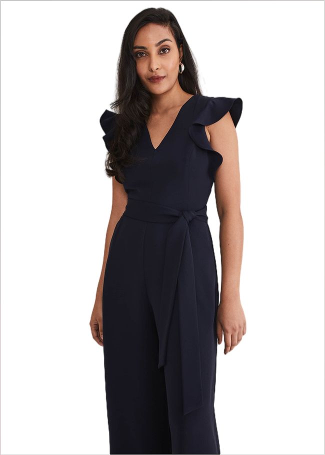  Petite Kallie V Neck Frill Jumpsuit Navy 221409351