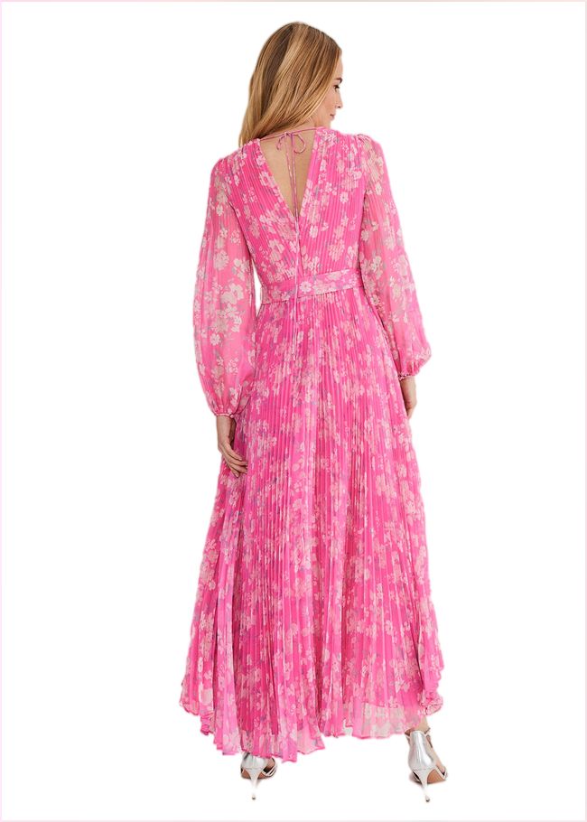  Hayley Floral Pleated Maxi Dress Neon Pink 221417617