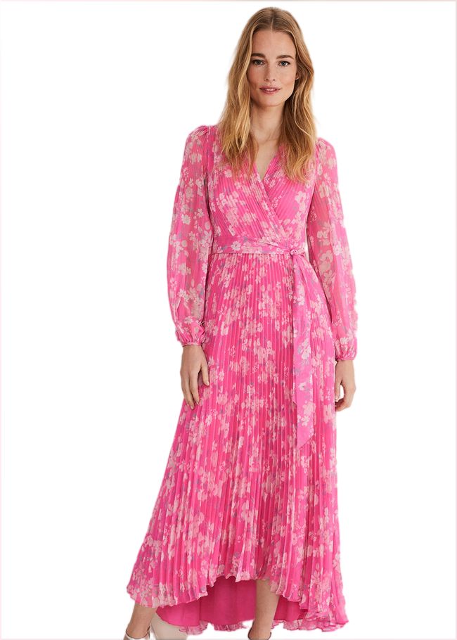  Hayley Floral Pleated Maxi Dress Neon Pink 221417617