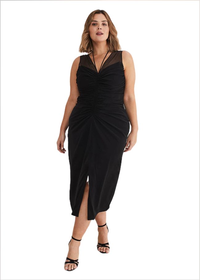  Leah Ruched Midi Dress Black 221419050