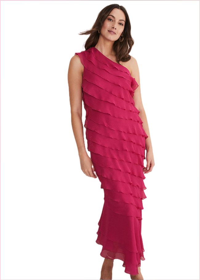  Kelsey Layered One Shoulder Maxi Dress Fuschia 221427436