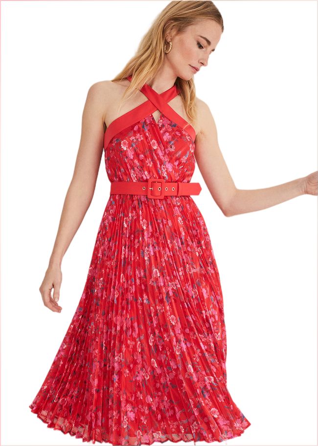  Zoya Pleat Midi Floral Dress Red/Pink 221429794