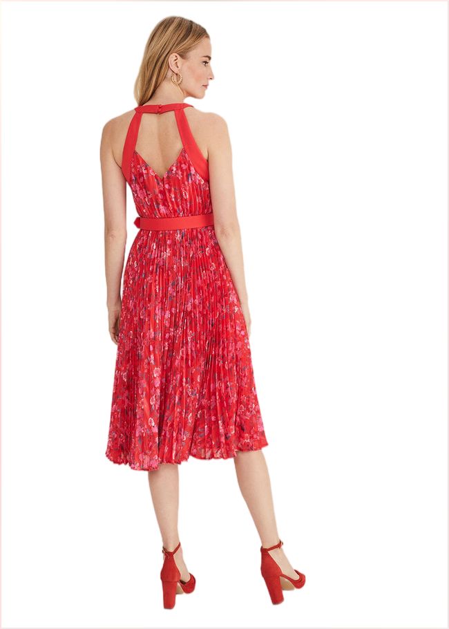  Zoya Pleat Midi Floral Dress Red/Pink 221429794