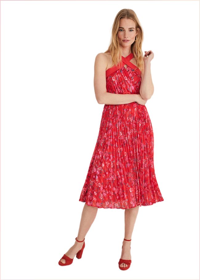  Zoya Pleat Midi Floral Dress Red/Pink 221429794