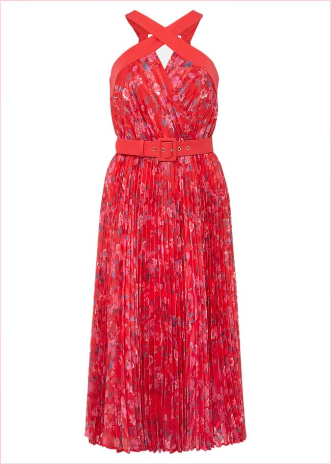  Zoya Pleat Midi Floral Dress Red/Pink 221429794