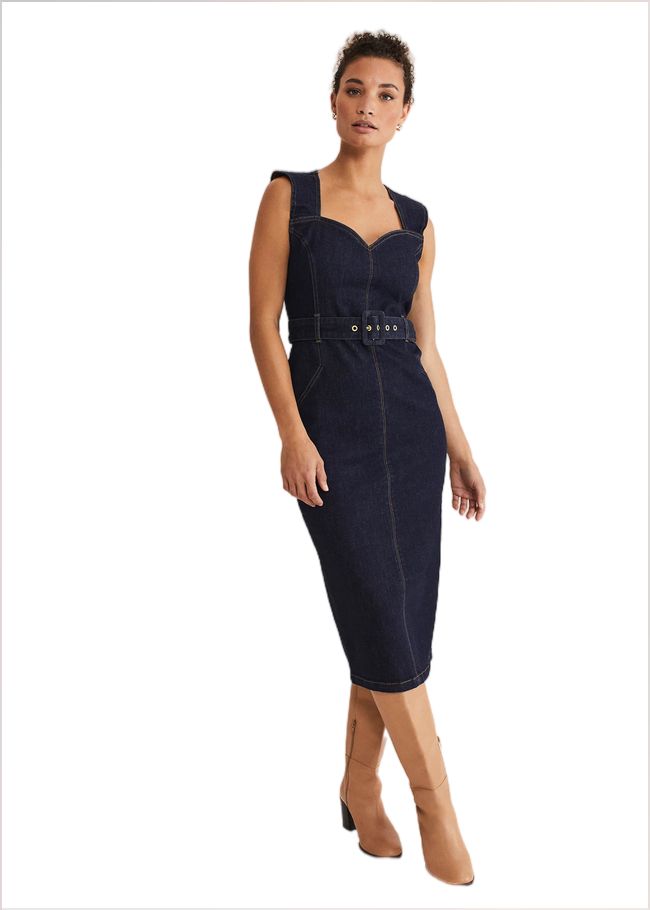  Anwen Fitted Denim Midi Dress Indigo 221451353