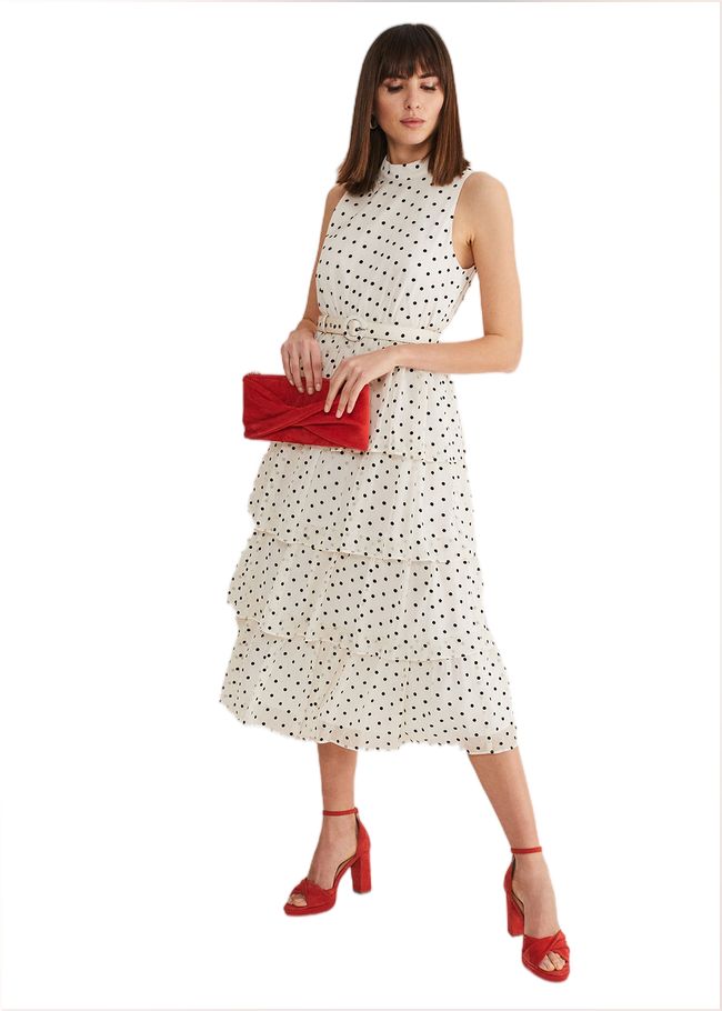  Rita Polka Dot Ruffle Midi Dress Black/White 221455725