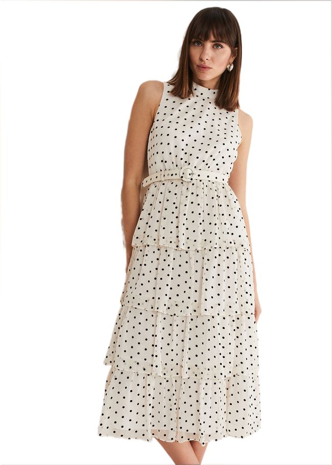  Rita Polka Dot Ruffle Midi Dress Black/White 221455725