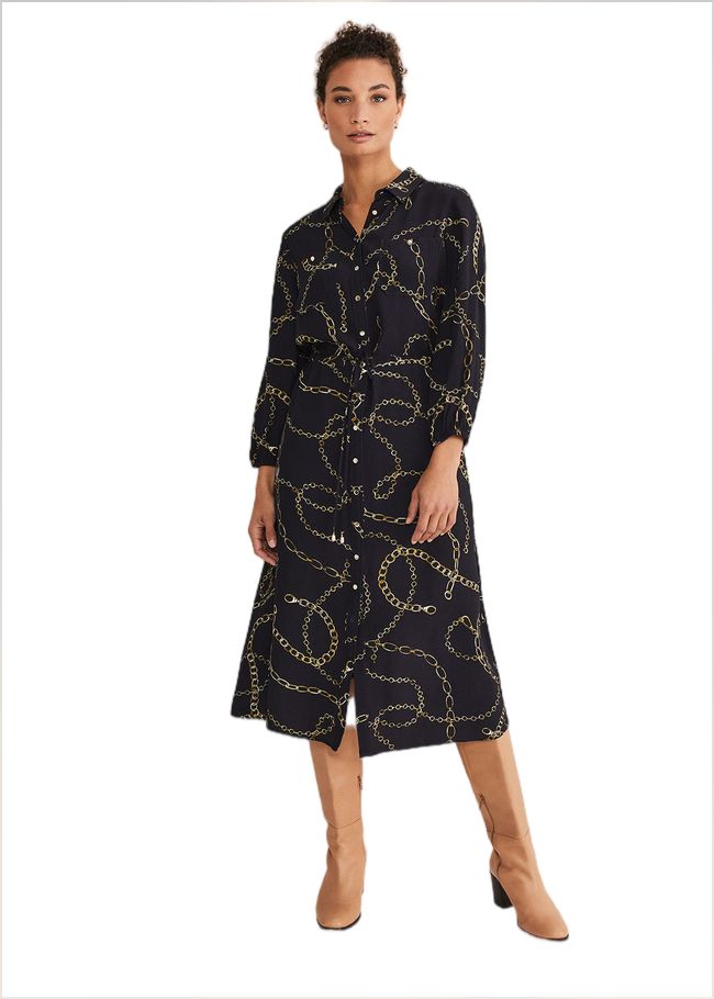  Tana Chain Print Shirt Midi Dress Navy 221464351