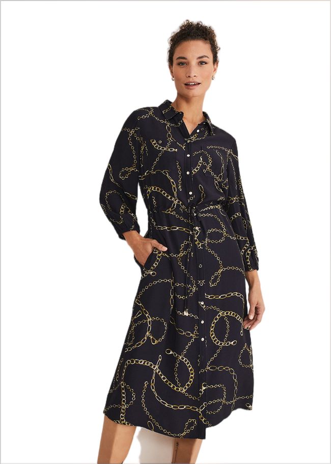  Tana Chain Print Shirt Midi Dress Navy 221464351