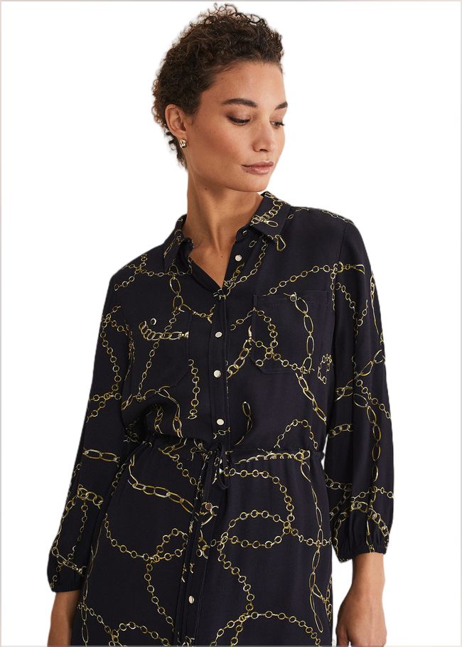  Tana Chain Print Shirt Midi Dress Navy 221464351