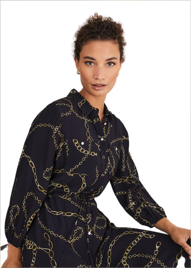  Tana Chain Print Shirt Midi Dress Navy 221464351