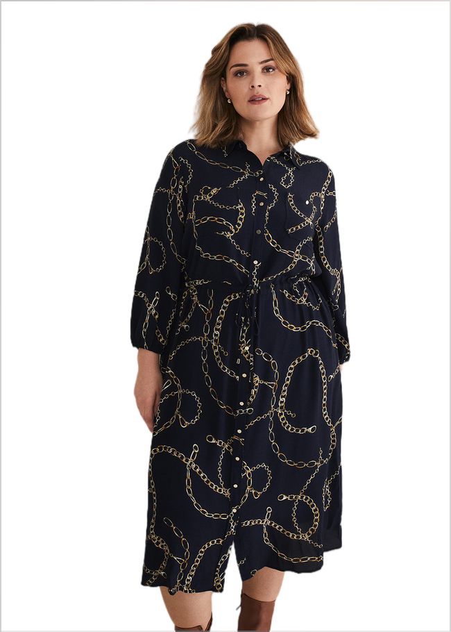  Tana Chain Print Shirt Midi Dress Navy 221464351