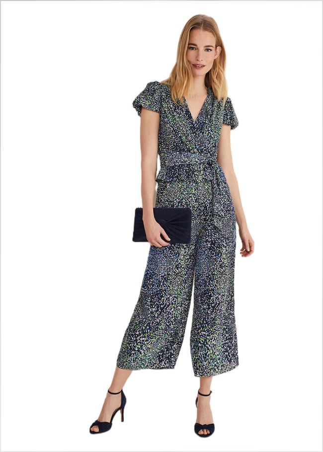  Leora Wrap Printed Plisse Jumpsuit Navy/Multi 221497493