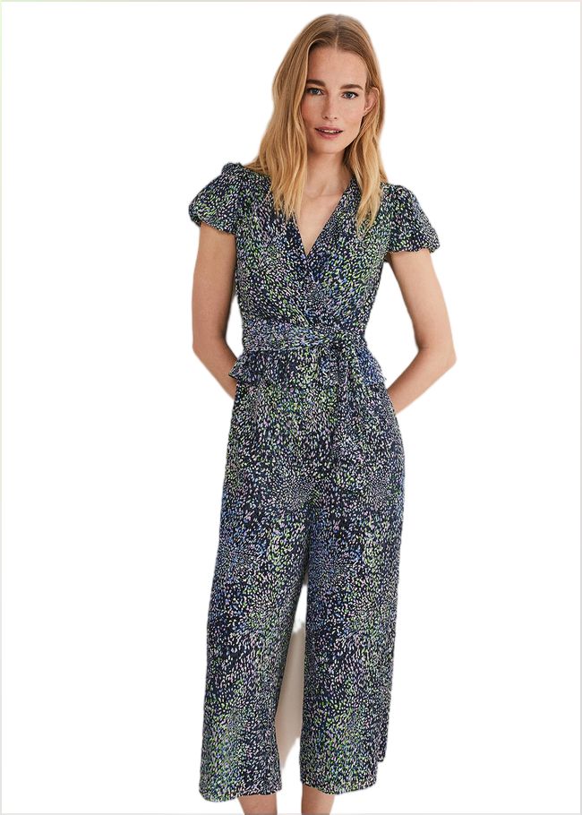  Leora Wrap Printed Plisse Jumpsuit Navy/Multi 221497493