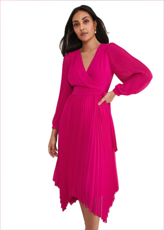  Petite Petra Wrap Pleated Midi Dress Magenta 221525463