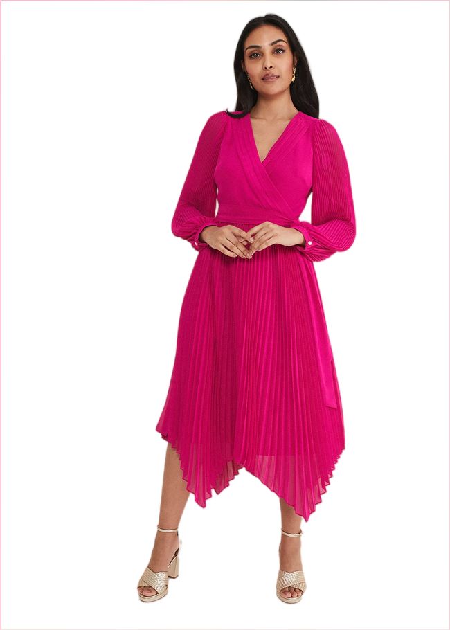  Petite Petra Wrap Pleated Midi Dress Magenta 221525463