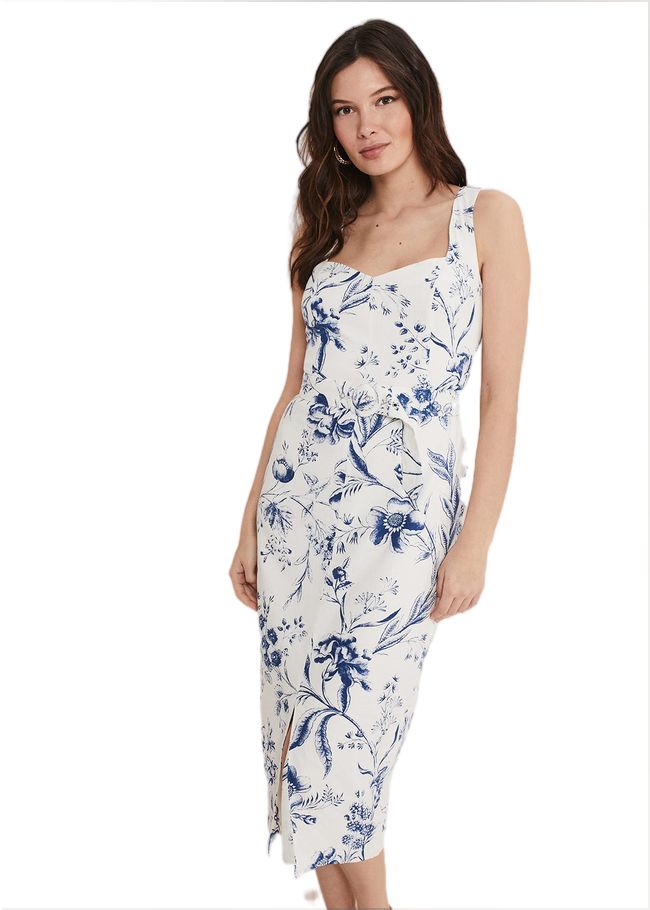  Kaya Linen Floral Bodycon Midi Dress White/Blue 221532814