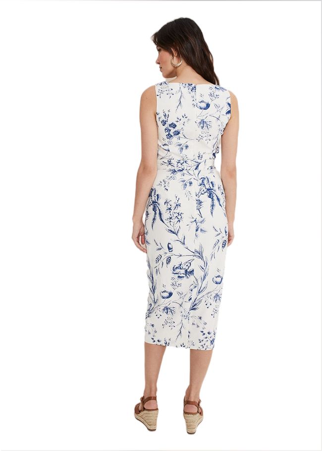  Kaya Linen Floral Bodycon Midi Dress White/Blue 221532814