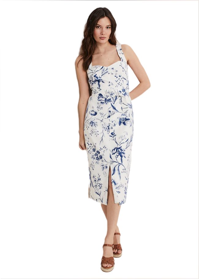  Kaya Linen Floral Bodycon Midi Dress White/Blue 221532814