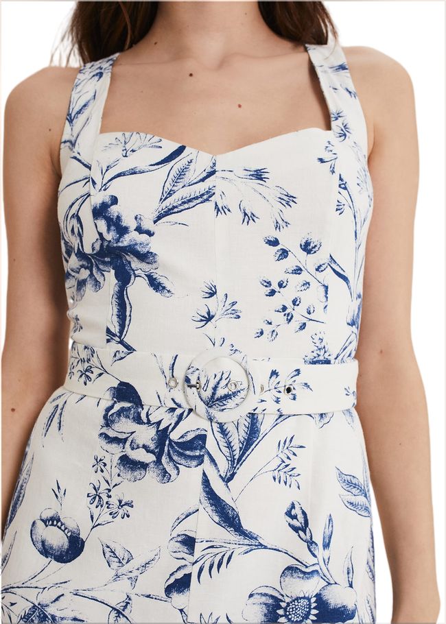  Kaya Linen Floral Bodycon Midi Dress White/Blue 221532814