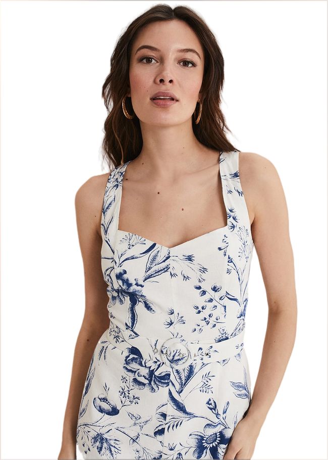  Kaya Linen Floral Bodycon Midi Dress White/Blue 221532814