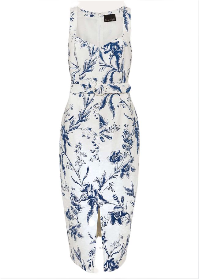  Kaya Linen Floral Bodycon Midi Dress White/Blue 221532814