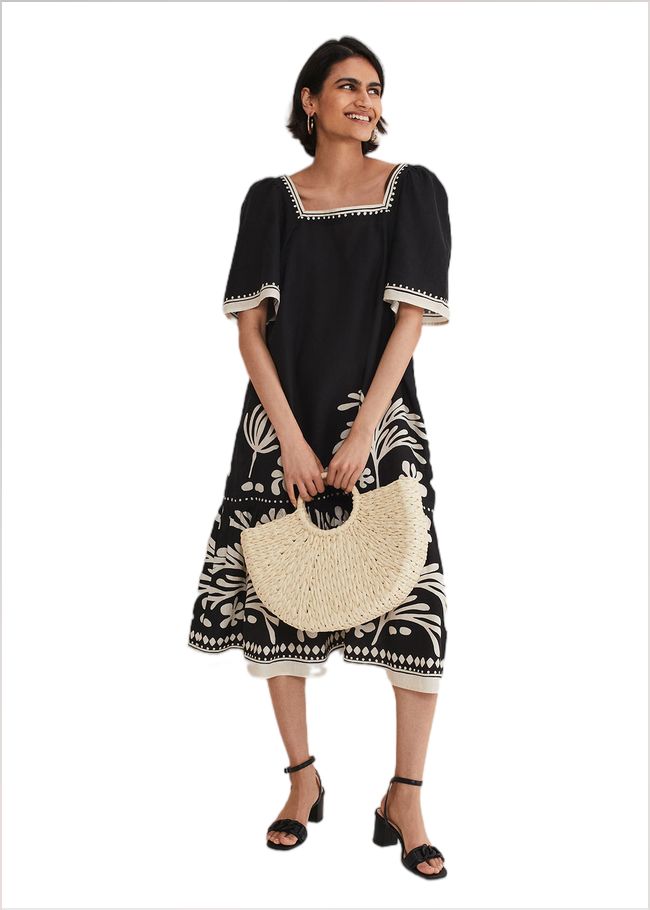  Claria Linen Midi Dress Black/Ivory 221547836