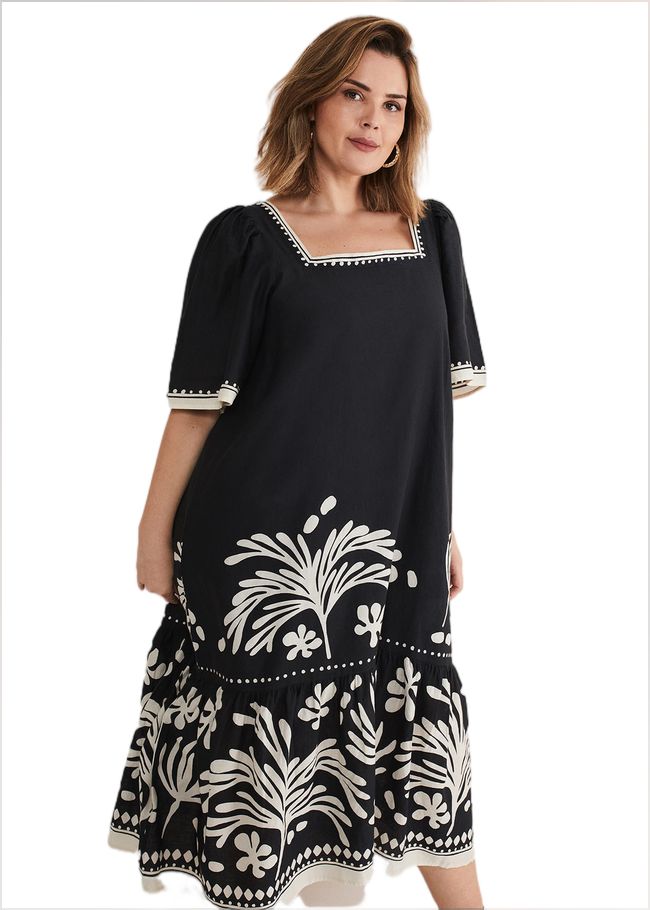  Claria Linen Midi Dress Black/Ivory 221547836