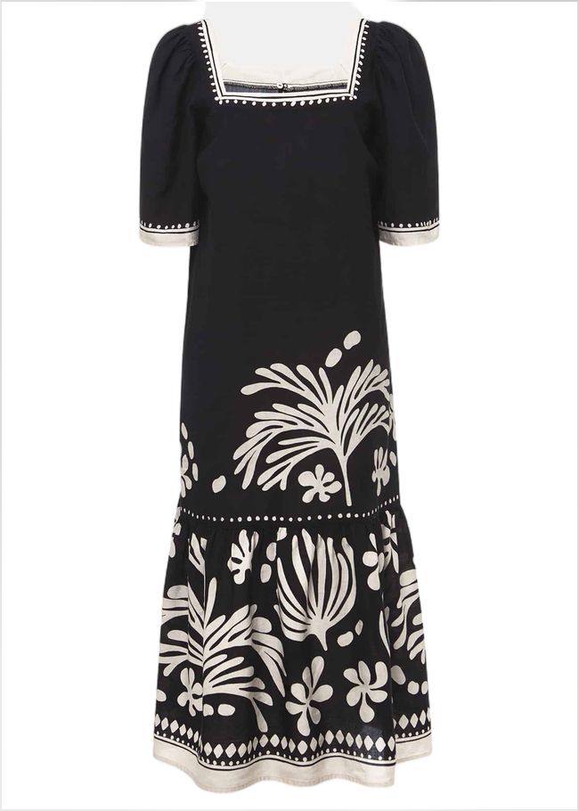  Claria Linen Midi Dress Black/Ivory 221547836