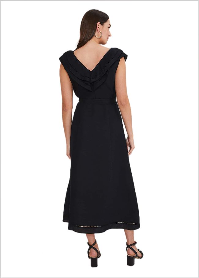  Julieta Black Linen Ruffle Broderie Midi Dress Black 221554050