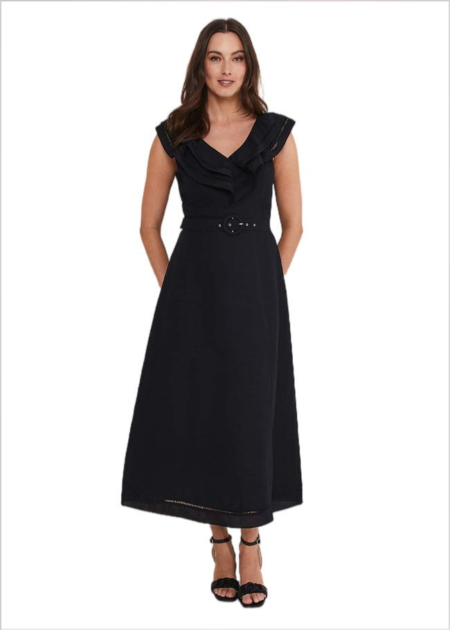  Julieta Black Linen Ruffle Broderie Midi Dress Black 221554050