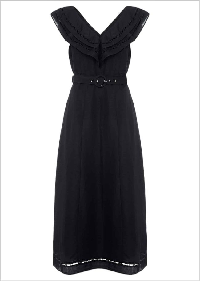  Julieta Black Linen Ruffle Broderie Midi Dress Black 221554050