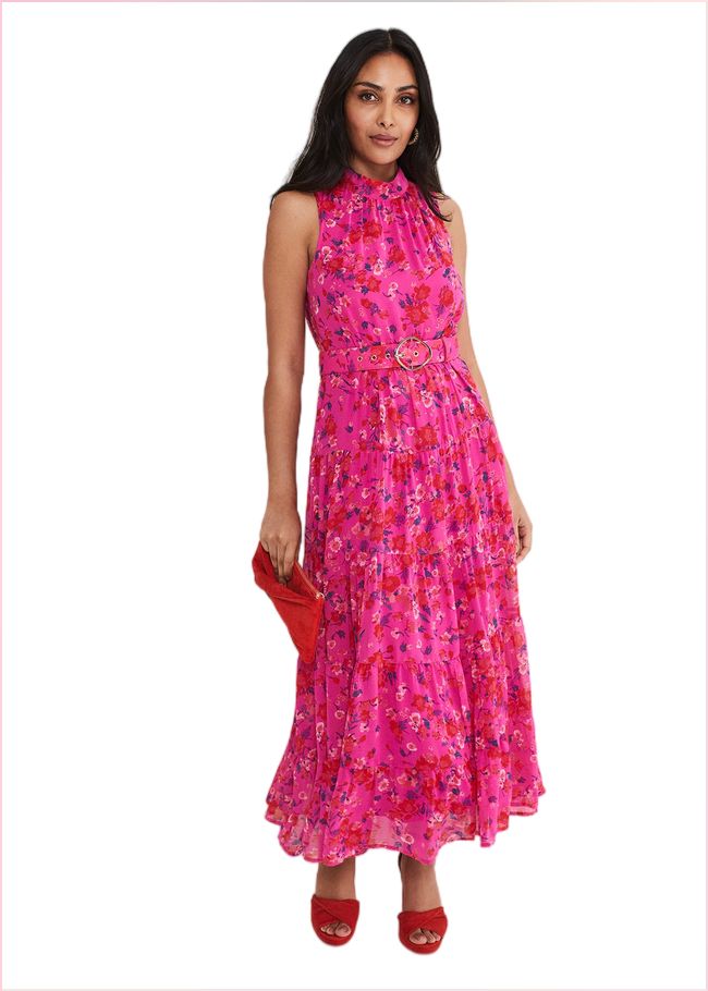  Petite Kara Floral Tiered Maxi Dress Neon Pink 221565617