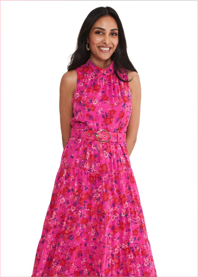  Petite Kara Floral Tiered Maxi Dress Neon Pink 221565617