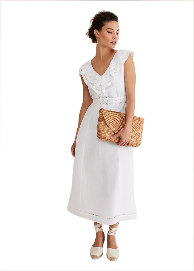  Julieta White Linen Ruffle Broderie Midi Dress White 221567055