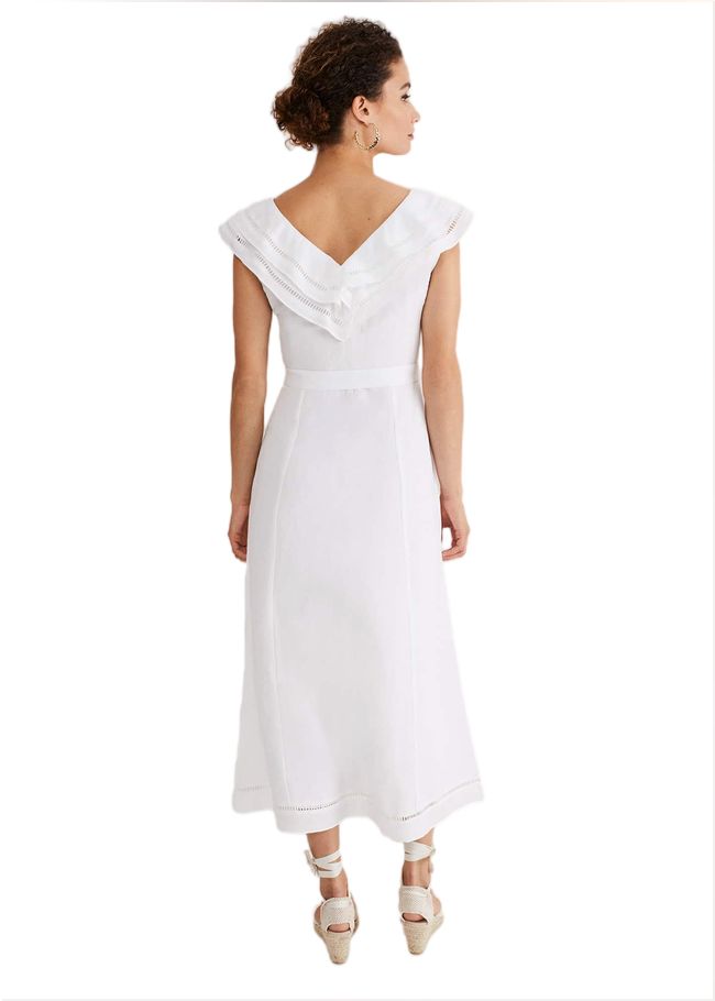  Julieta White Linen Ruffle Broderie Midi Dress White 221567055