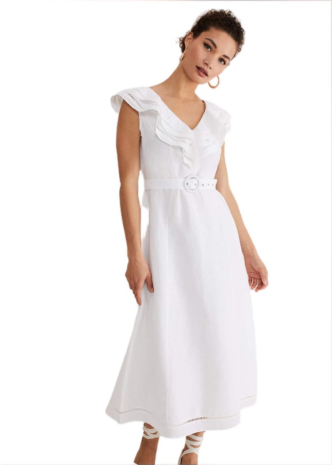  Julieta White Linen Ruffle Broderie Midi Dress White 221567055