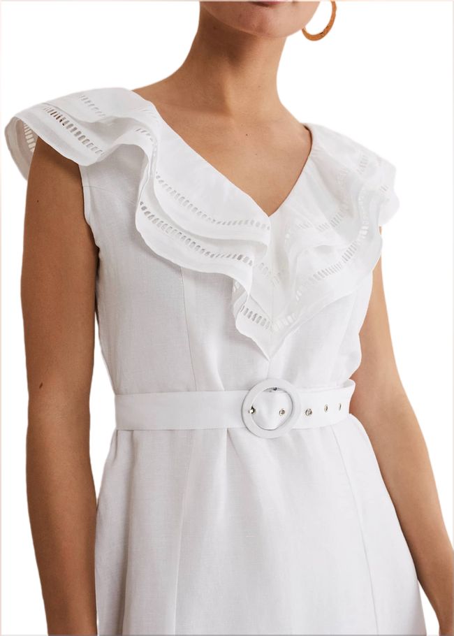  Julieta White Linen Ruffle Broderie Midi Dress White 221567055