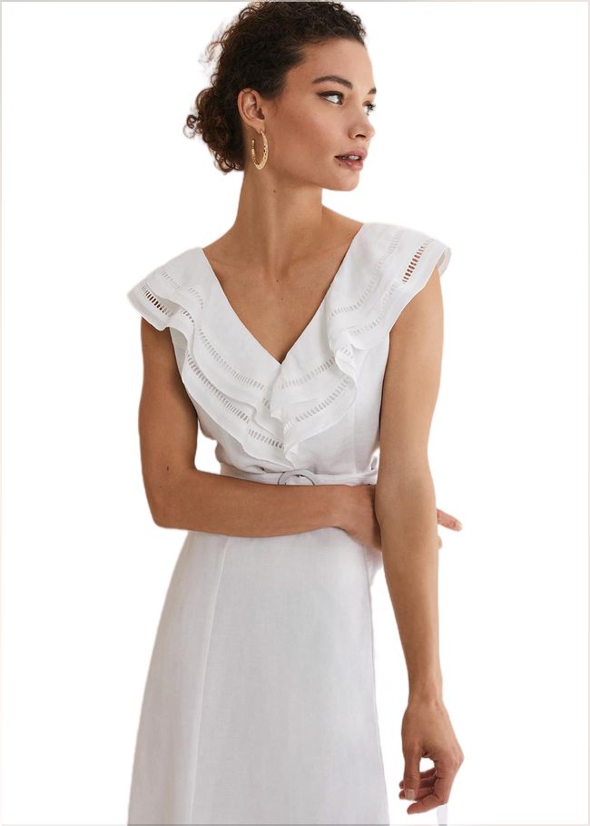  Julieta White Linen Ruffle Broderie Midi Dress White 221567055