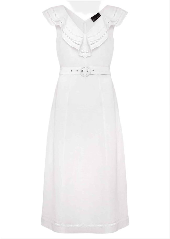  Julieta White Linen Ruffle Broderie Midi Dress White 221567055