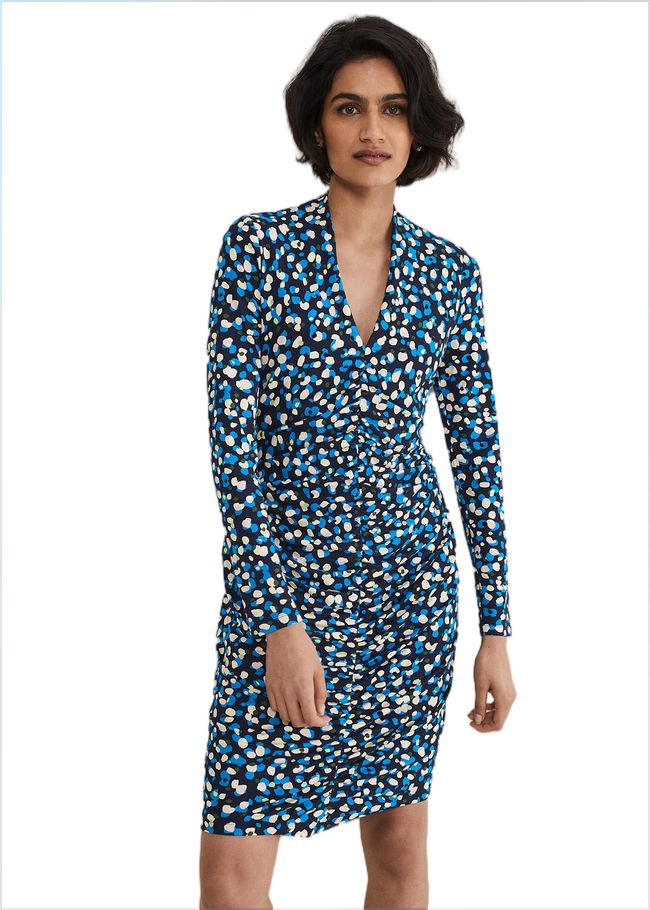  Juno Ruched V Neck Dotty Bodycon Dress Blue Multi 221622570