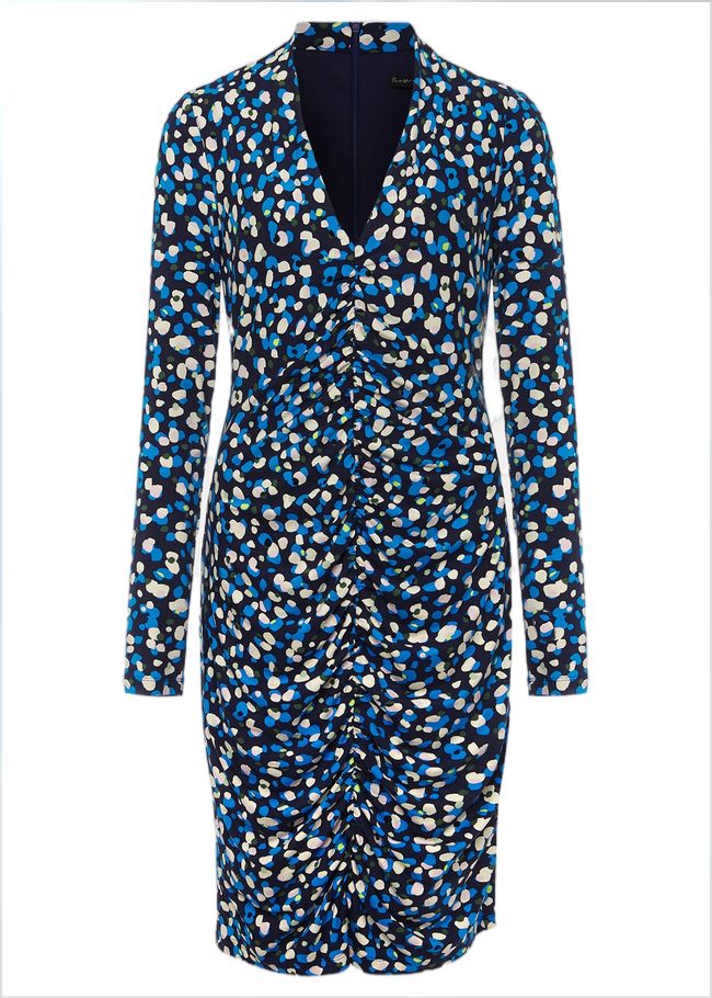  Juno Ruched V Neck Dotty Bodycon Dress Blue Multi 221622570