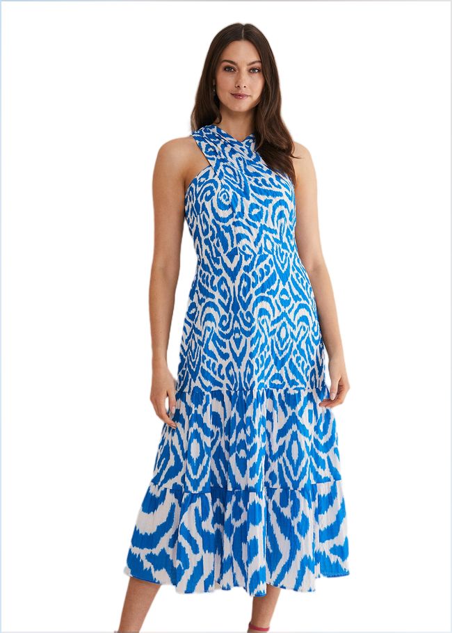  Bella Cross Neck Print Midi Dress Azure Blue/Cream 221623160