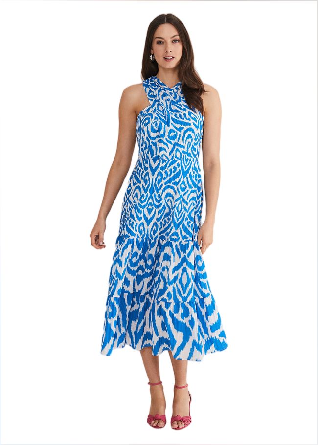  Bella Cross Neck Print Midi Dress Azure Blue/Cream 221623160