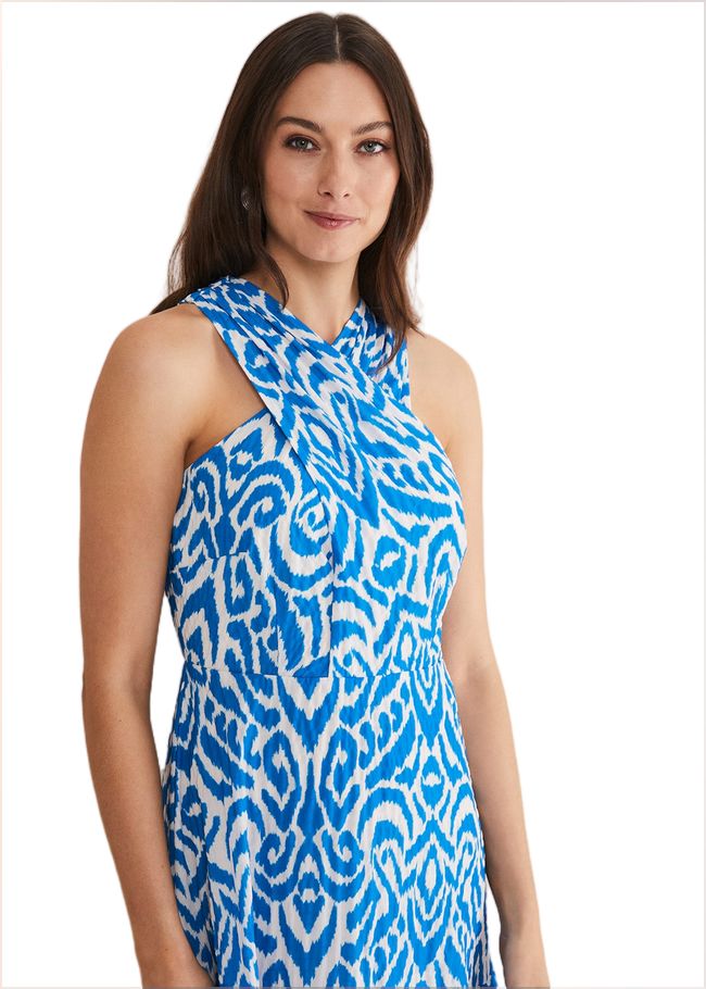  Bella Cross Neck Print Midi Dress Azure Blue/Cream 221623160