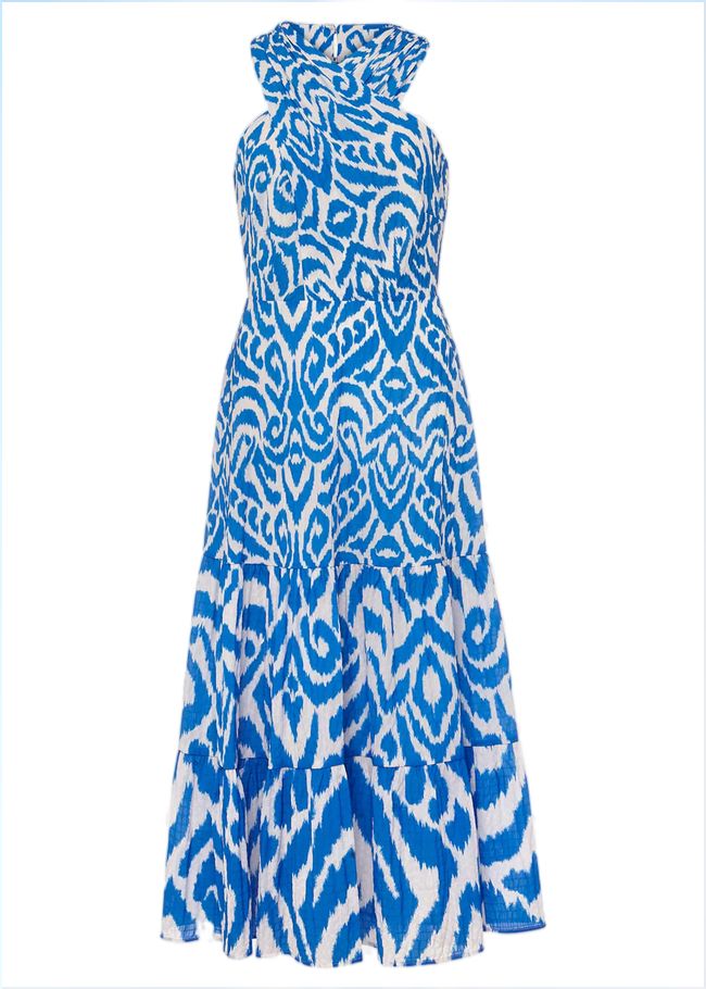  Bella Cross Neck Print Midi Dress Azure Blue/Cream 221623160