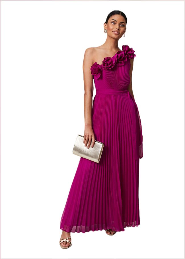  Minnie One Shoulder Pleated Maxi Dress Magenta 221642463